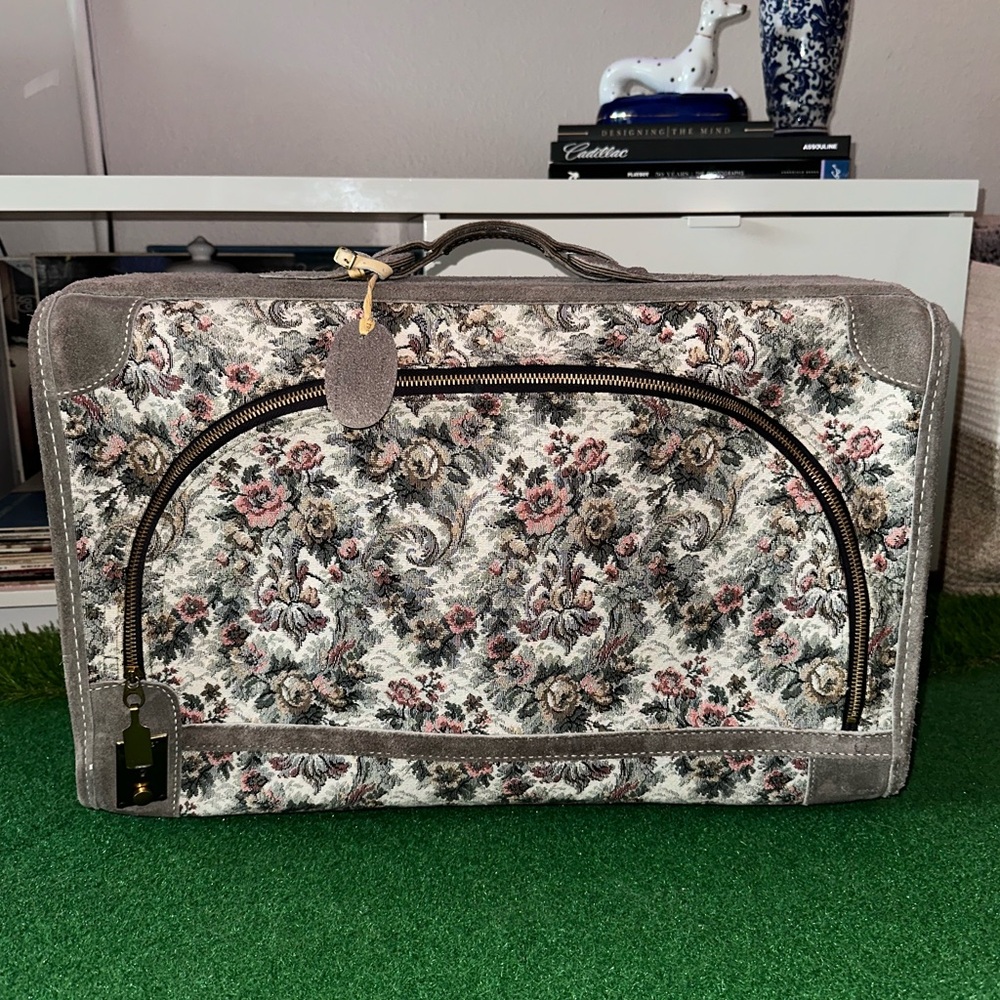 Vintage FRENCH LUGGAGE COMPANY Grey Rose Tapestry & Suede Leather Suitcase RARE